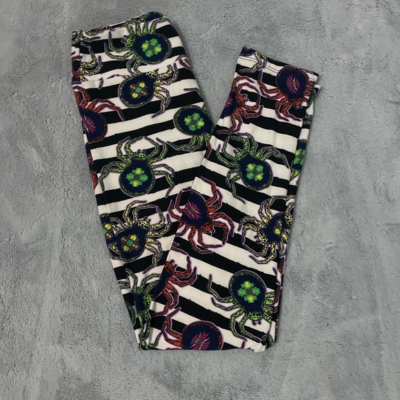 Lularoe Leggings Black & White Striped Neon Spider Halloween One Size - Picture 1 of 5